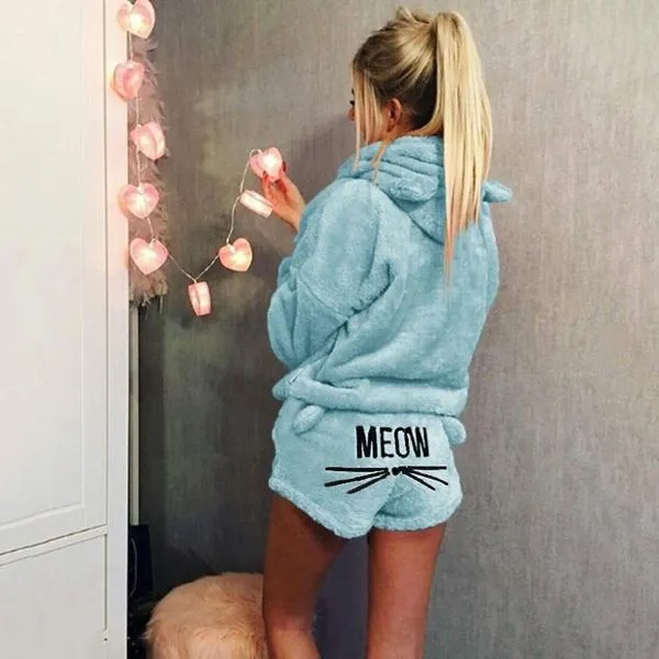 Women's Fashion Winter Pajamas Set Sweet and Cute Long-sleeved Velvet Warm Hoodie and Shorts Fashion Home Service Suit