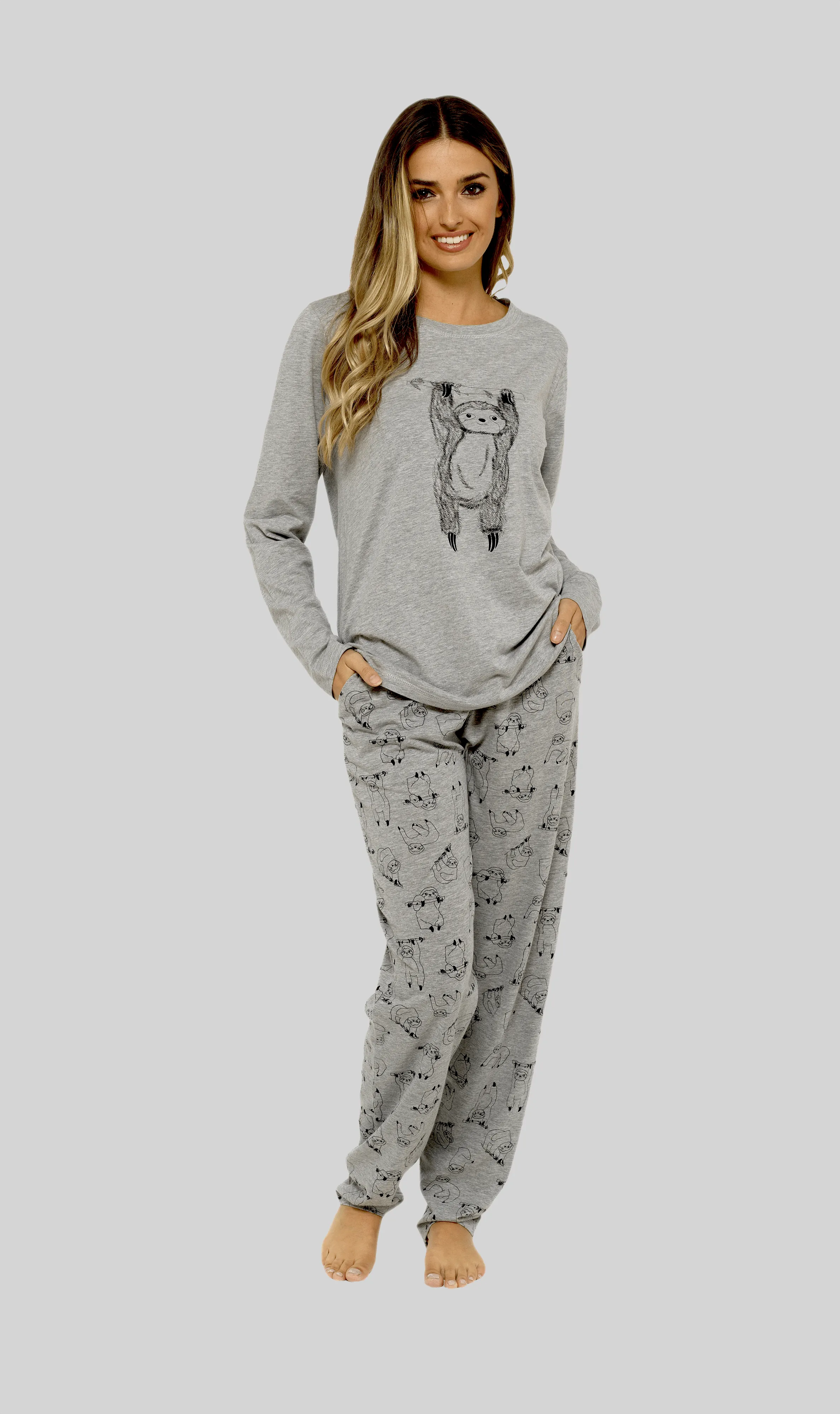 Women's Grey Cotton Pyjama Set with Lazy Sloth Design Long Sleeve Comfortable Sleepwear Cute Nightwear Ideal Gift for Her by Daisy Dreamer