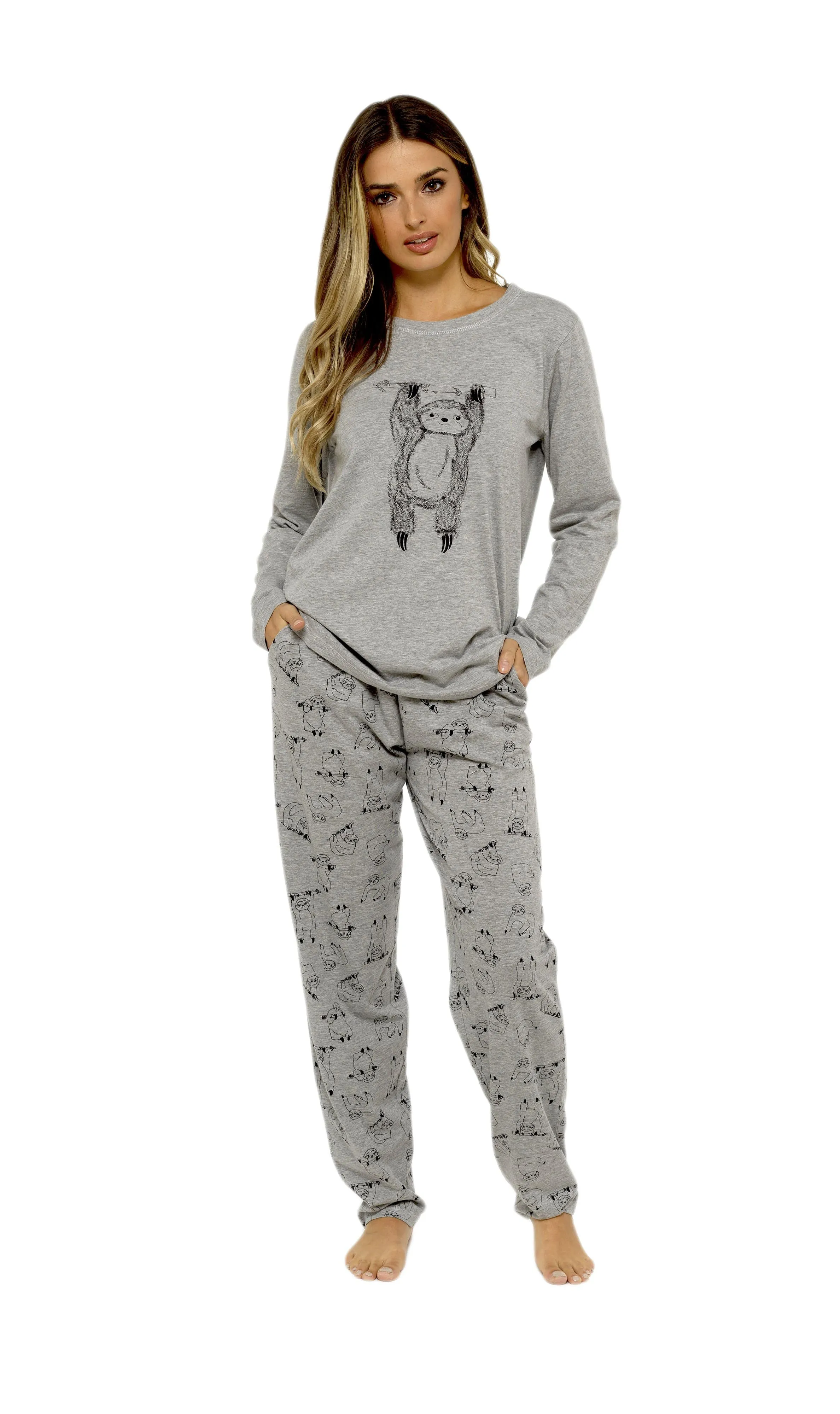 Women's Grey Cotton Pyjama Set with Lazy Sloth Design Long Sleeve Comfortable Sleepwear Cute Nightwear Ideal Gift for Her by Daisy Dreamer