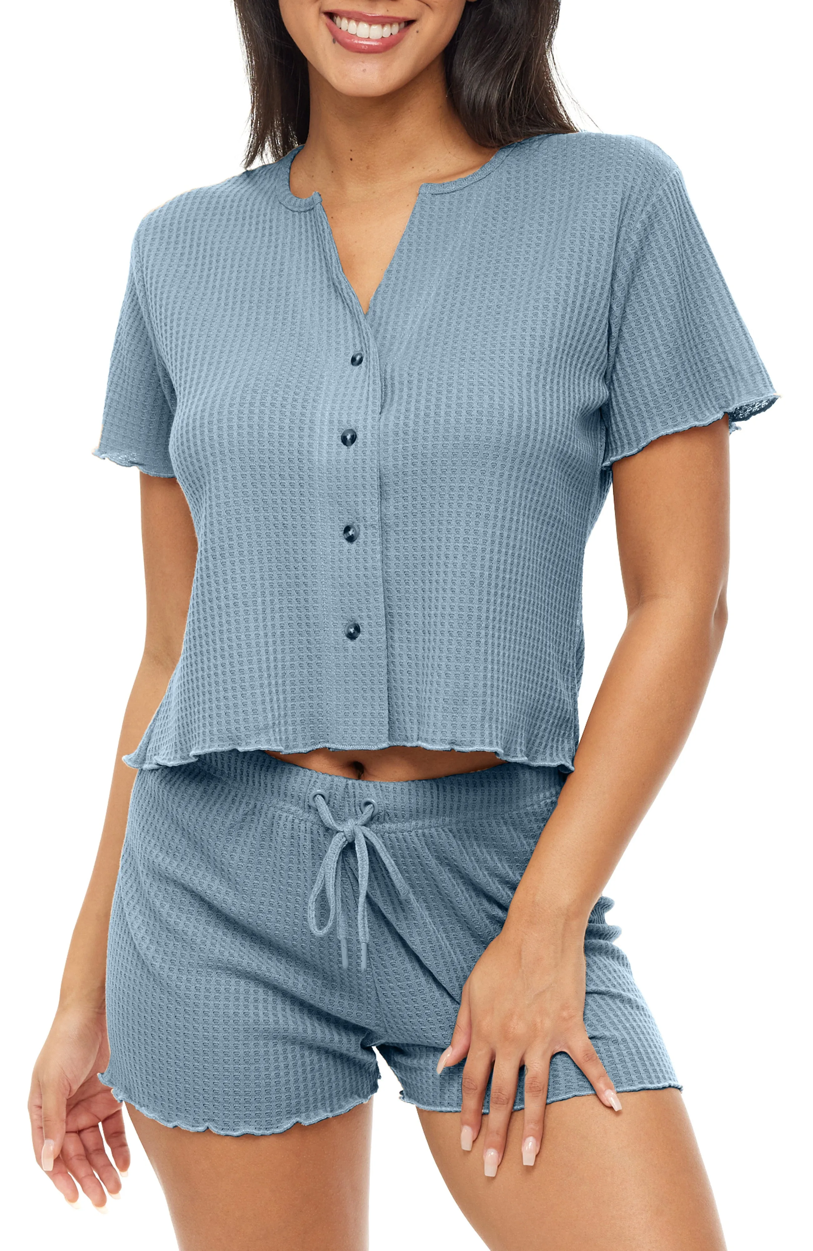 Women's Knit Pajamas Set, Short Sleeve Button Up Top and Pajama Shorts