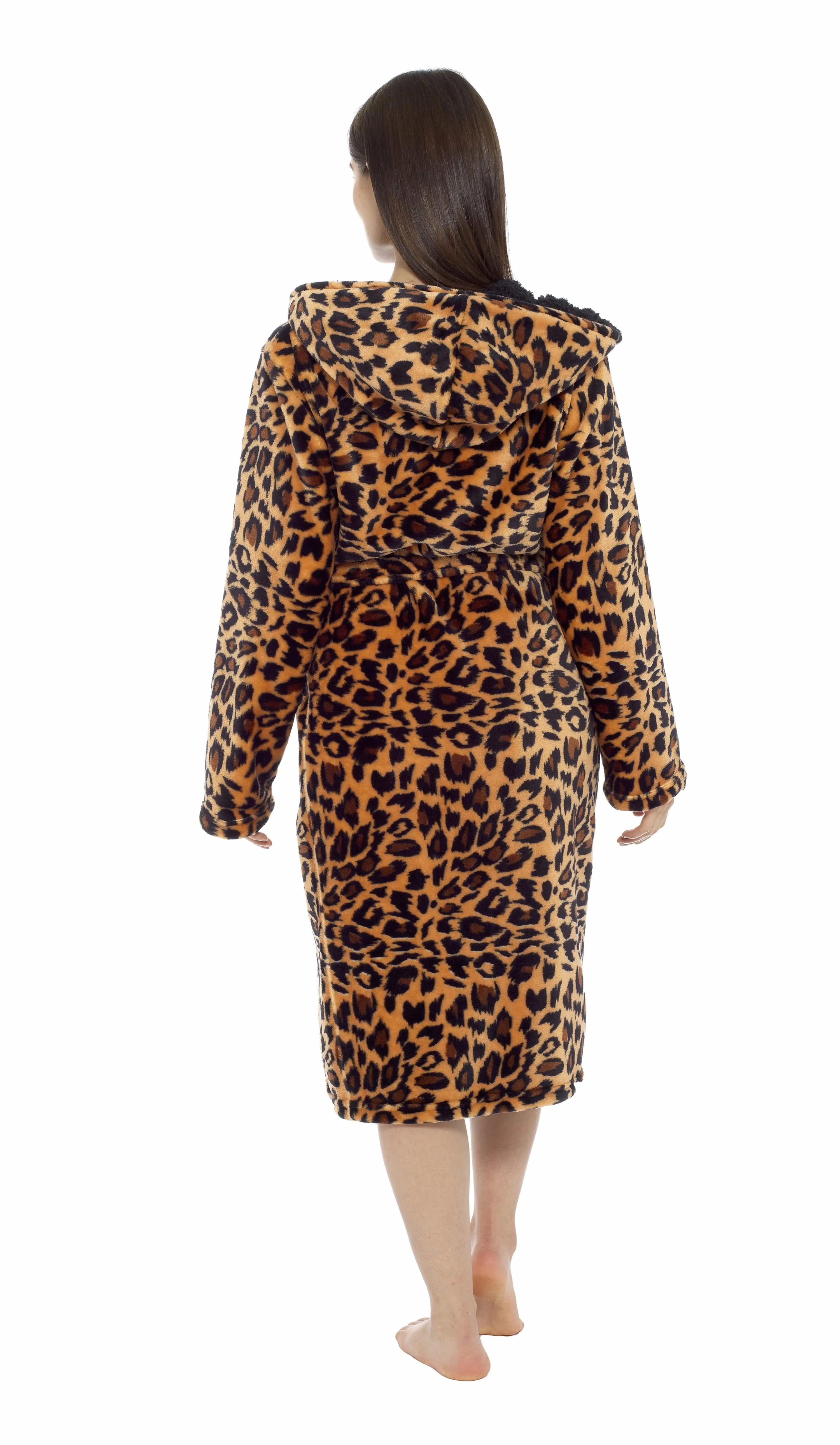 Women's Leopard Plush Fleece Hooded Robe with Sherpa Lining Warm Nightwear UK Sizes 8-22 by Daisy Dreamer