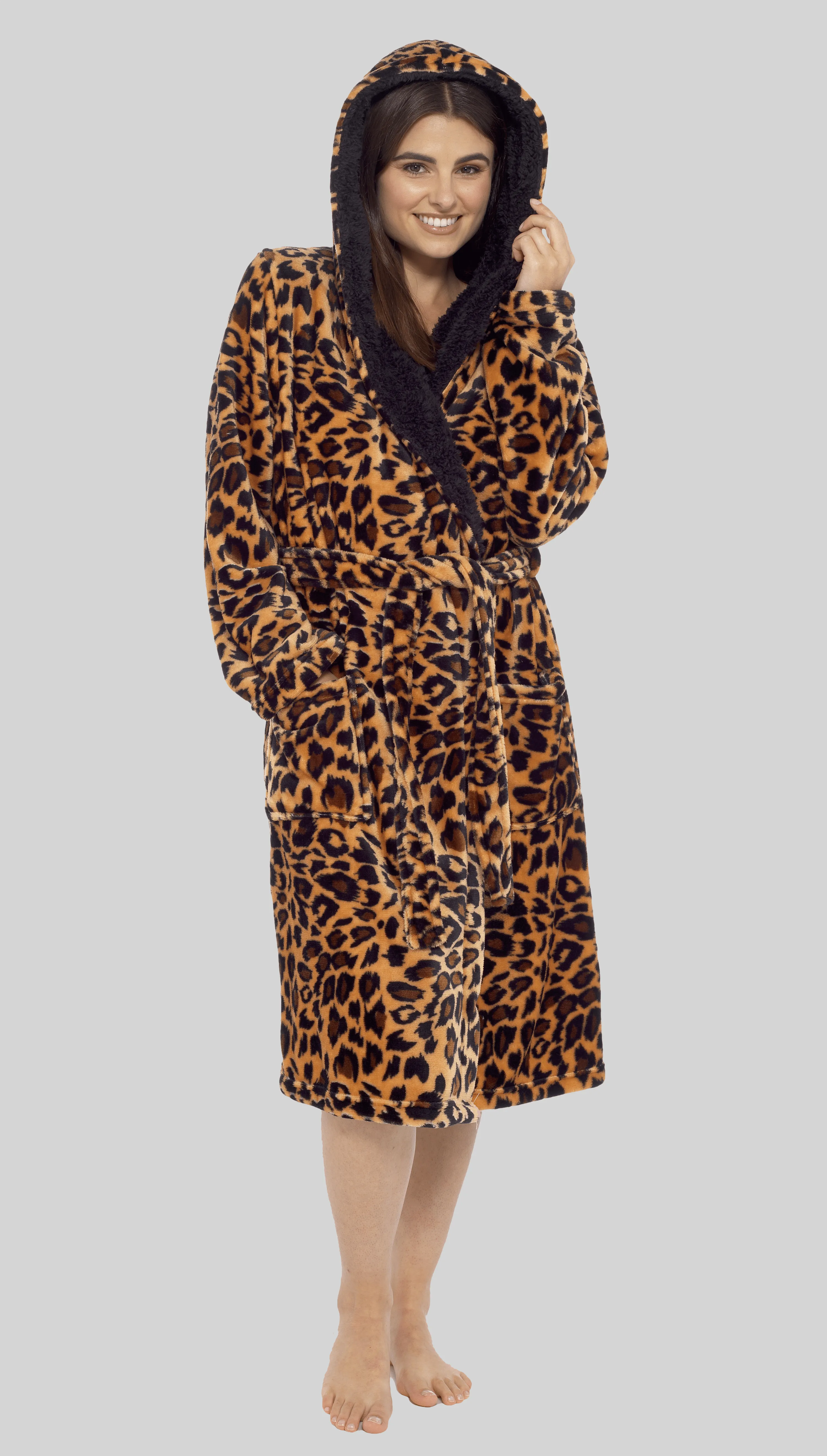 Women's Leopard Plush Fleece Hooded Robe with Sherpa Lining Warm Nightwear UK Sizes 8-22 by Daisy Dreamer