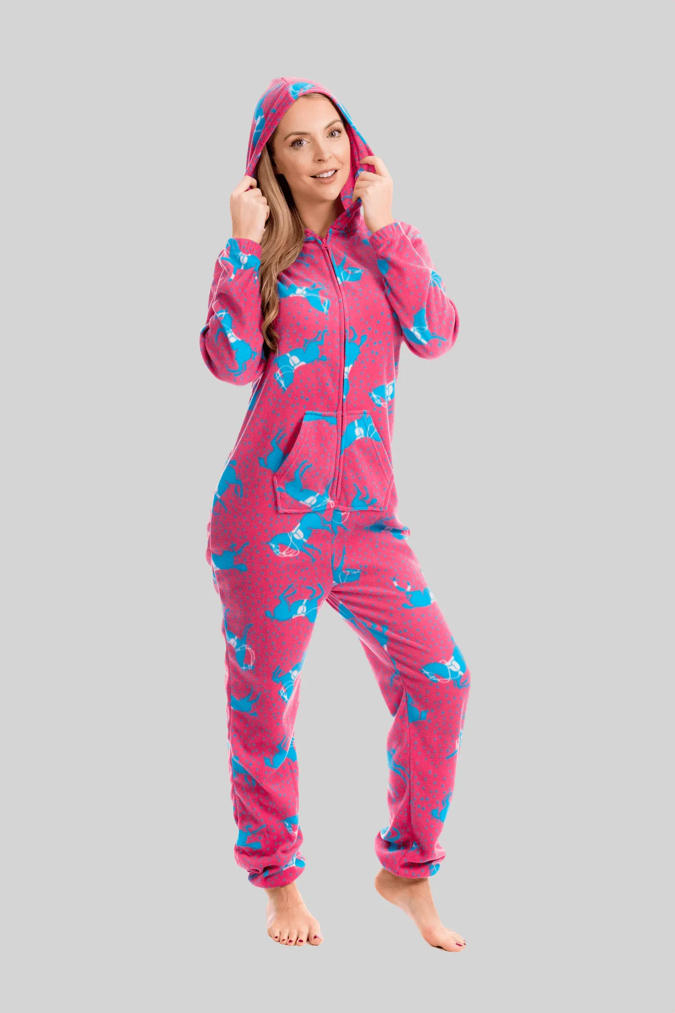 Women's Pink Fleece Hooded Onezee Pyjama Set with Horse Print Cosy and Stylish Nightwear for Lounging or Sleeping by Daisy Dreamer