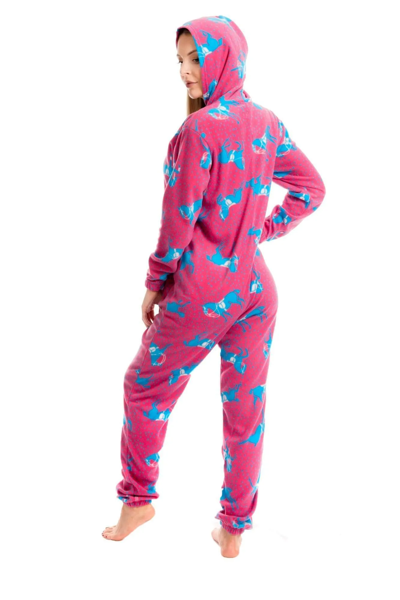 Women's Pink Fleece Hooded Onezee Pyjama Set with Horse Print Cosy and Stylish Nightwear for Lounging or Sleeping by Daisy Dreamer