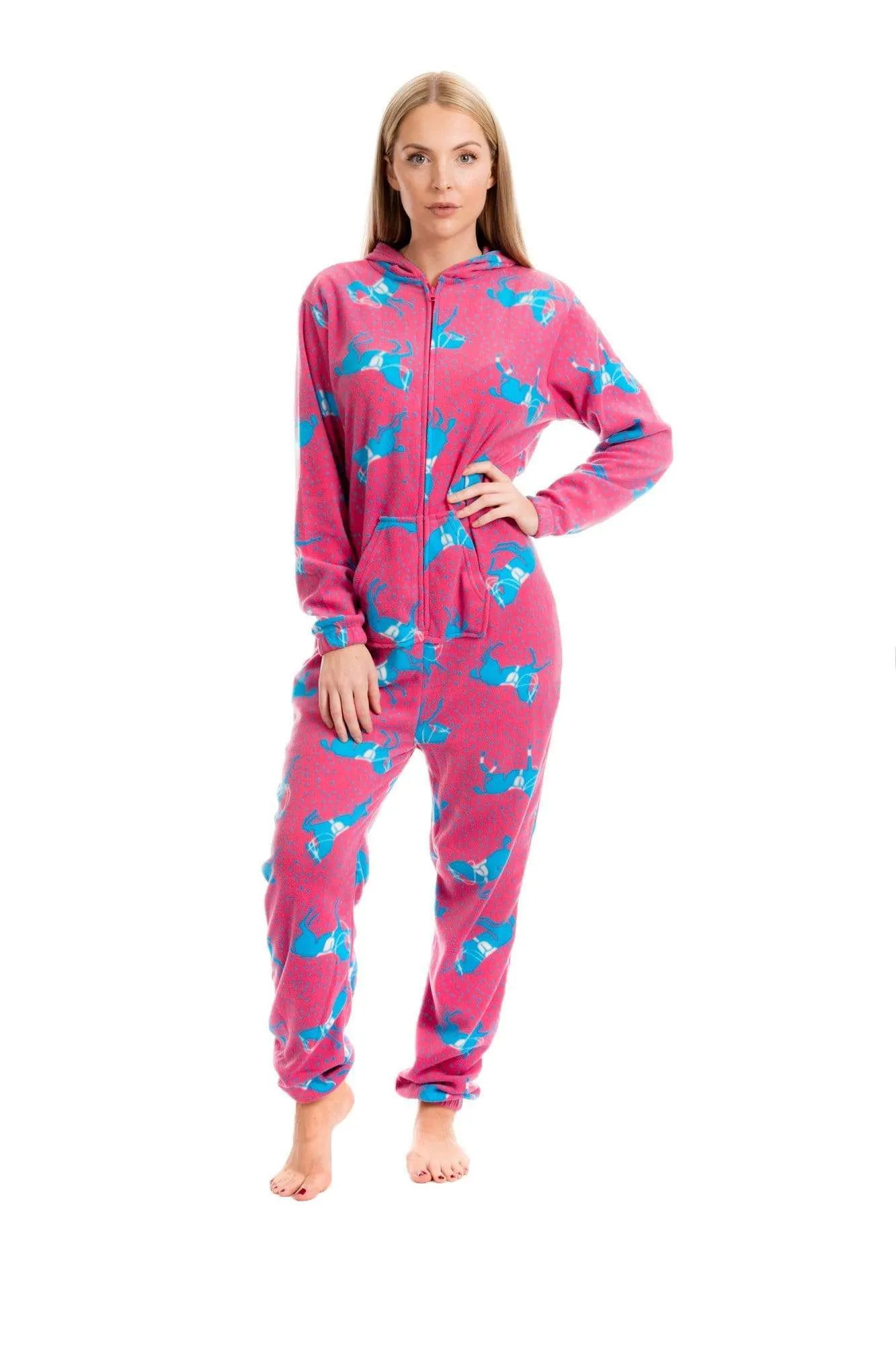 Women's Pink Fleece Hooded Onezee Pyjama Set with Horse Print Cosy and Stylish Nightwear for Lounging or Sleeping by Daisy Dreamer