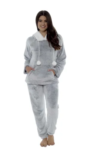 Women's Shimmer Grey Plush Fleece Hooded Pyjama Set with Sherpa Trim Cosy Stylish Nightwear Loungewear Gift for Women by Daisy Dreamer