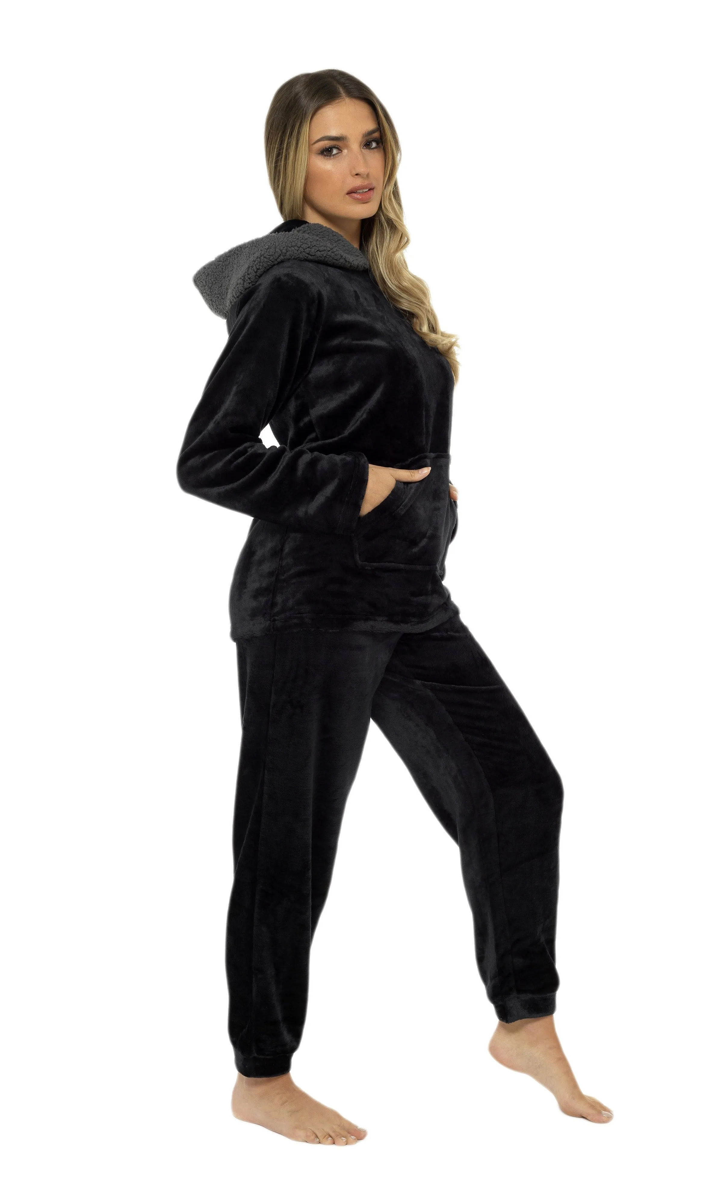 Women's Ultra-Soft Black Plush Fleece Hooded Pyjama Set with Sherpa Lining Cosy Durable Nightwear Sizes S to XL by Daisy Dreamer