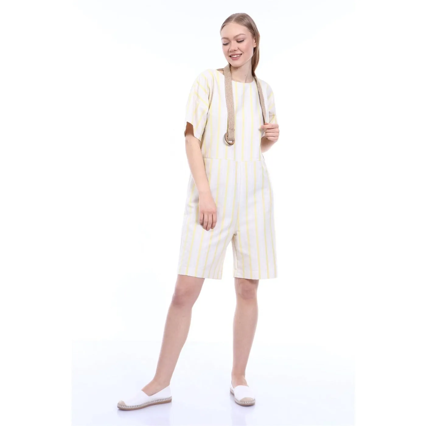 Yellow Stripes Beige Linen Jumpsuit