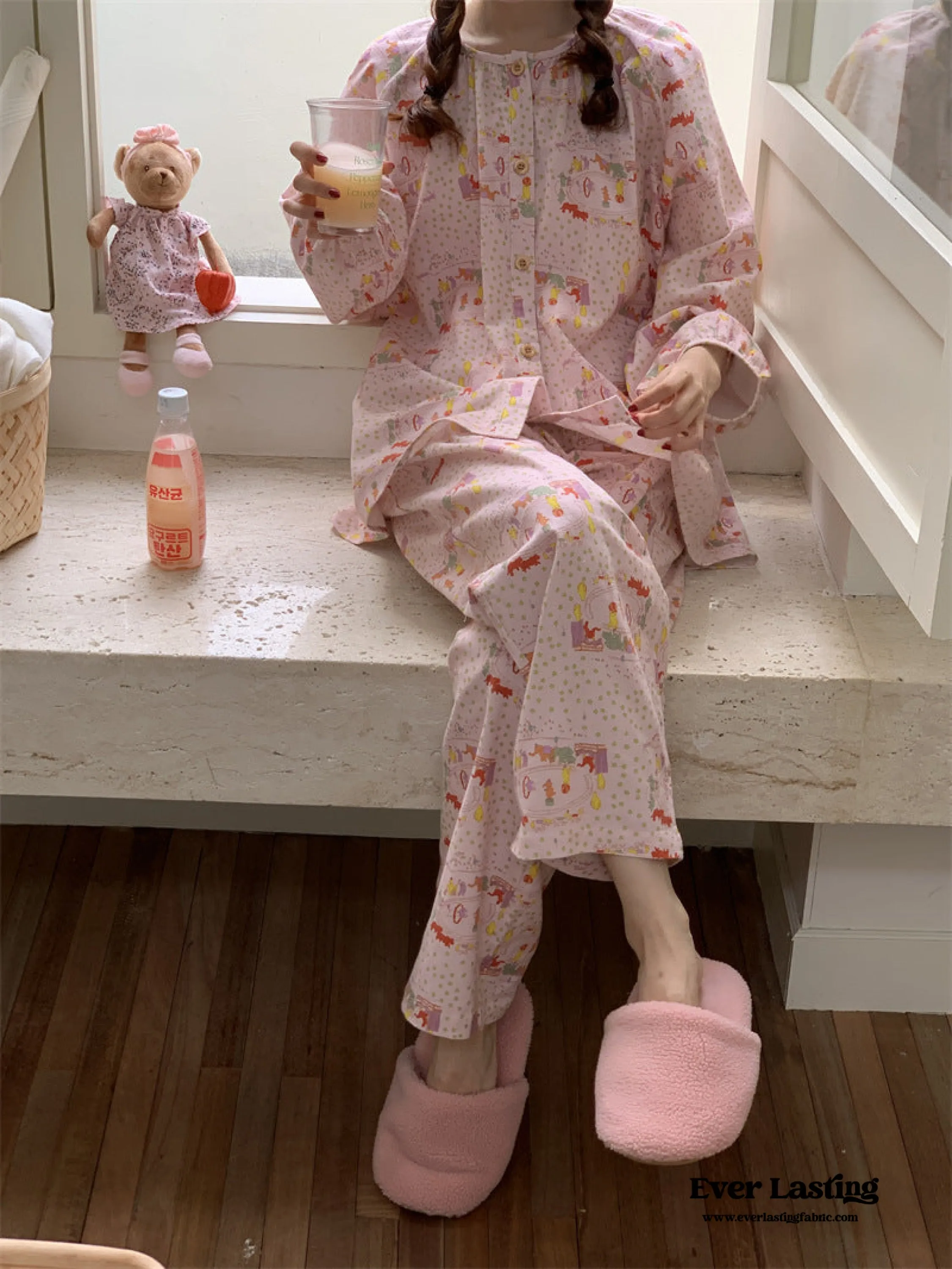 Zoo Long Sleeves and Pants Pajama Set / Baby Pink