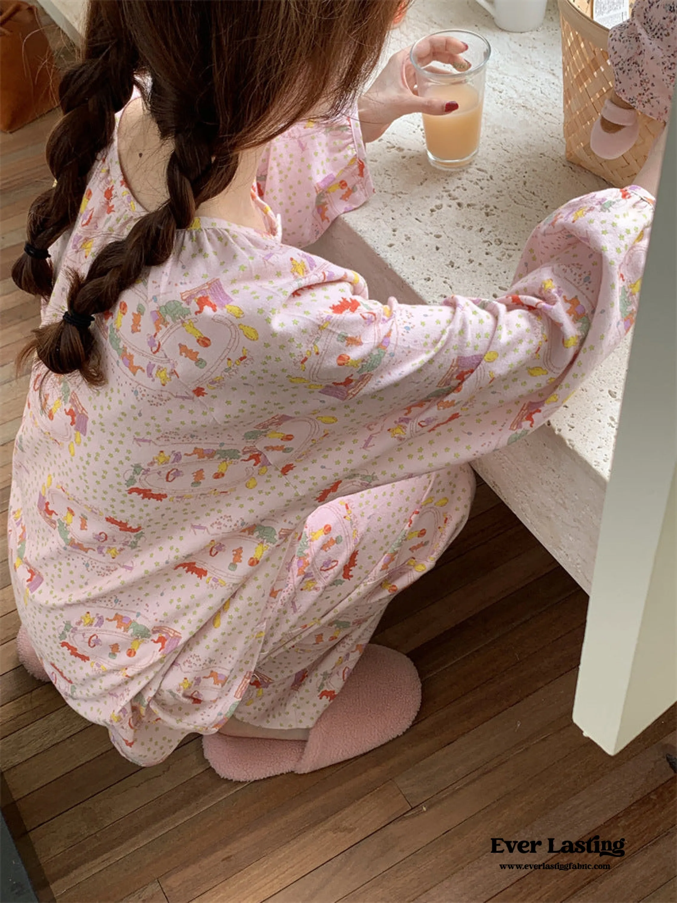 Zoo Long Sleeves and Pants Pajama Set / Baby Pink